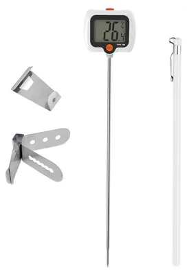 A digital thermometer with accessories, laid out on a white background.