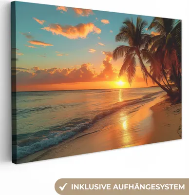 Produktbild von MuchoWow® - Leinwandbilder - Sonnenuntergang - Strand - Palmen - Meer - Sonne, Wandbild, Wanddeko Bilder Wohnzimmer, 120x80cm