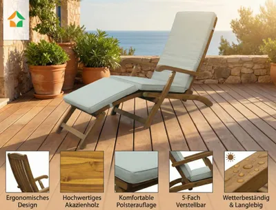 Produktbild von Ergonomische Sonnenliege, Saunaliege inkl. Auflage aus Akazienholz