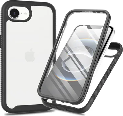 Immagine prodotto di Custodia per iPhone 16e/iPhone 17e, bordo protettivo con protezione per lo schermo integrata, custodia protettiva a 360° per tutto il corpo, nera