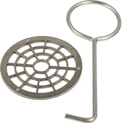 A drain grate and a tool for removing it, shown on a white background.