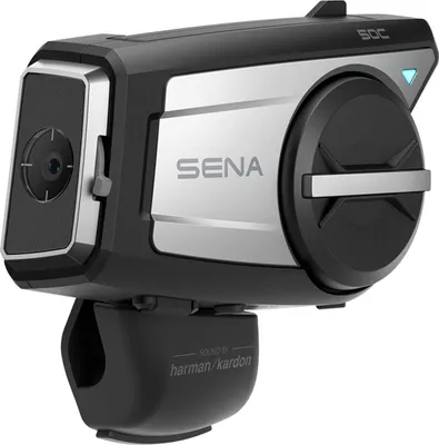 A close-up studio shot of a Sena motorcycle intercom system.