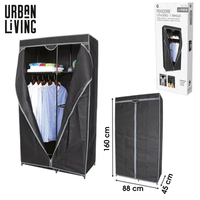 A black fabric wardrobe with clothes hanging inside, shown alongside its packaging and dimensions.