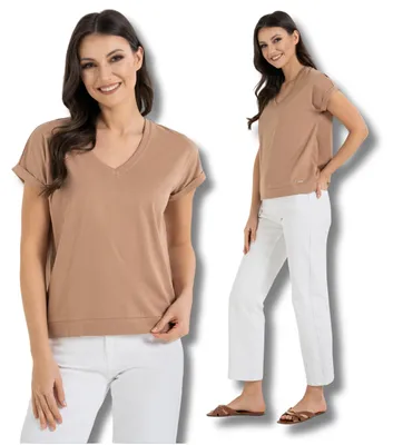 Immagine prodotto di Moraj - T-shirt beige - Abbigliamento da donna, taglia 3XL - T-shirt a maniche corte - T-shirt con scollo a V