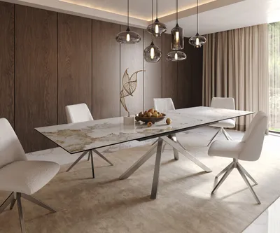 Produktbild von DELIFE Esstisch Edge 200-300x100 Keramik Minas Melange Weiß-Beige Kreuzgestell Rechteck Edelstahl ausziehbar