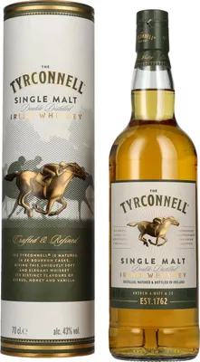 A bottle of The Tyrconnell Single Malt Irish Whiskey and its cylindrical packaging are displayed side-by-side against a white background.