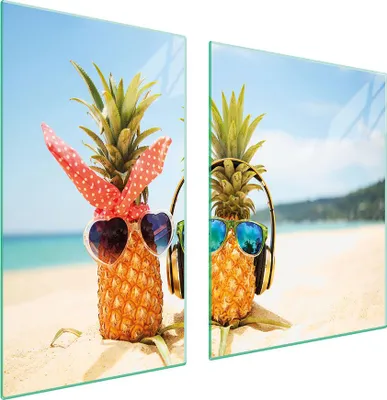 Immagine prodotto di Piastre copri fornelli 2 pezzi 100x52 Copri piano cottura in ceramica tagliere in vetro ananas spiaggia