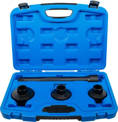 A blue plastic case containing a set of automotive tools, including a long rod and three hexagonal sockets.