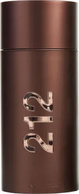 A close-up, front-facing studio shot of a cylindrical brown perfume bottle with metallic rose gold numbering '212' embossed on the front.