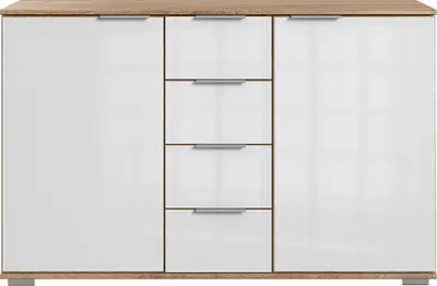 Produktbild von Schlafzimmer Sideboard in Plankeneiche Nb. mit weißem Glas ELSTRA-43, B/H/T ca. 130/83/41 cm