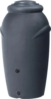 A dark gray rain barrel with a decorative amphora shape.