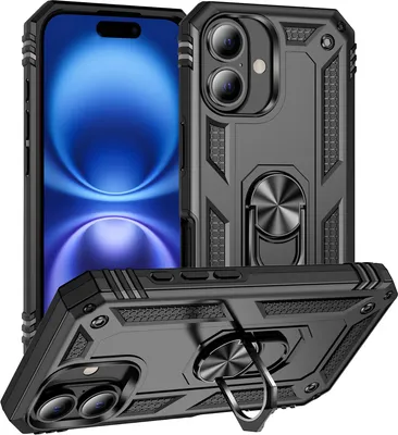 Obrázek produktu pro Pouzdro pro iPhone 16 dvouvrstvé robustní, vojenská ochrana pouzdro s držákem prstenu a stojánkem černé