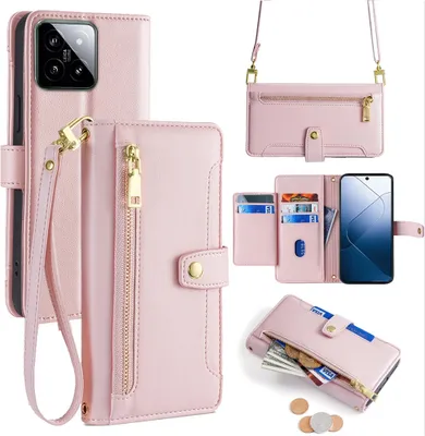 Produktbild von Handykette Xiaomi Hülle mit Band Handyhülle Kartenfächer Kunstleder Umhängetasche 14 Rosa