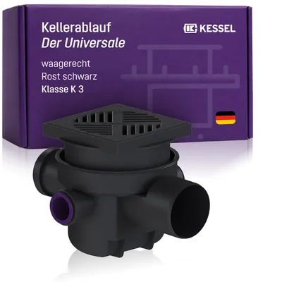Produktbild von KESSEL Kellerablauf DN 100 Schlitzrost Kunststoff 200x200 mm, Artikel 29111, Bodenablauf mit Geruchsverschluss, Schlammeimer, EN 1253-1