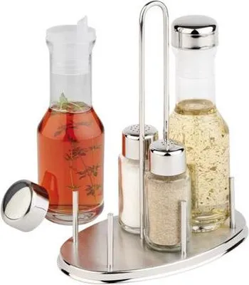 Produktbild von APS 40450 Menage CLASSIC, 17,5 x 10,5 cm, Höhe 23 cm, Set besteht aus: Essig- und Öl-Flasche, Salz- und Pfefferstreuer, Ständer aus Edelstahl