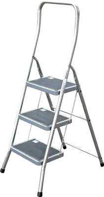 A silver step stool with three steps against a white background.