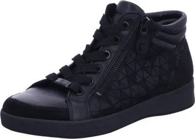 A black high-top sneaker is shown from a side-front angle against a white background.