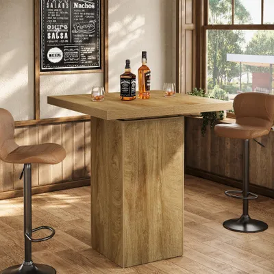 A bar table with two bottles of whiskey and two glasses, set in a room with wooden paneling and a window.