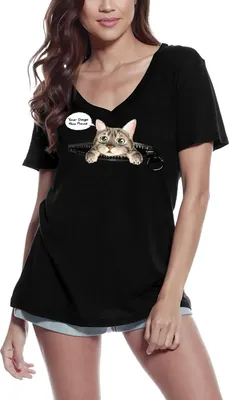 Produktbild von Damen Grafik T-Shirt V-Ausschnitt Deine Hunde haben Flöhe - süße Katze – Your Dogs Have Fleas - Cute Cat – Öko-Verantwortlich Vintage Jahrgang Kurzarm