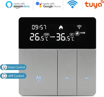 A smart thermostat with a digital display and touch controls, featuring compatibility logos for Alexa, Google Home, and Tuya.