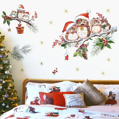 Obrázek produktu pro Okenní dekorace na Vánoce, sova, ptáci, vánoční stromek, sada 2 kusů, rozměr 30x90 cm, PVC, samolepicí