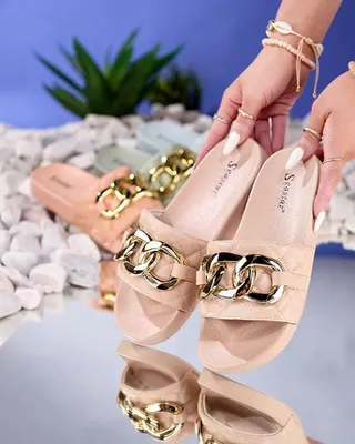 Produktbild von Beige gesteppte Damen-Flip-Flops mit Goldkette Eteris - Schuhe, Größe 37