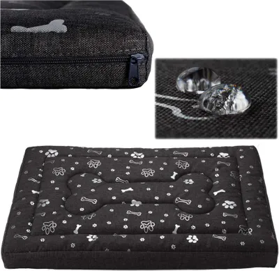A collage of images showing a dog bed with a bone and paw print pattern, a close-up of the zipper, and a close-up demonstrating water resistance.