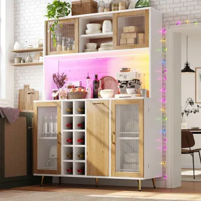 Image de Armoire de cuisine moderne avec éclairage LED, étagère à vin et à snacks, 5 portes et prise électrique, aspect bois blanc, multifonctionnelle pour le rangement, 120 x 40 x 170 cm