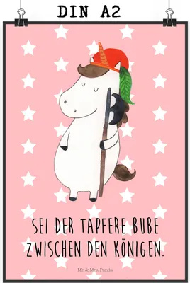 Produktbild von Mr. & Mrs. Panda Bild Einhorn Junge DIN A2 - Rot Pastell - Geschenk, Kunstdruck, Unicorn, Einhörner, Wandbild, Mittelalter, Wanddekoration, wanddeko, drucke, Bube