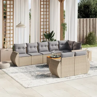 Produktbild von Design 9-tlg. Garten-Sofagarnitur mit Kissen Beige Poly Rattan, Gartenmöbel-Sets 2024 Neu