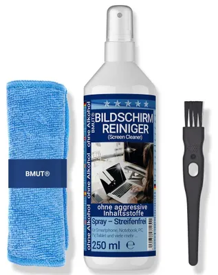 Produktbild von 250ml Bildschirmreiniger Spray Set | XXL Mikrofasertuch | Pinsel | gegen Fettflecken & Fingerabdrücke | für alle Displays, Tablets, Handys & Monitore