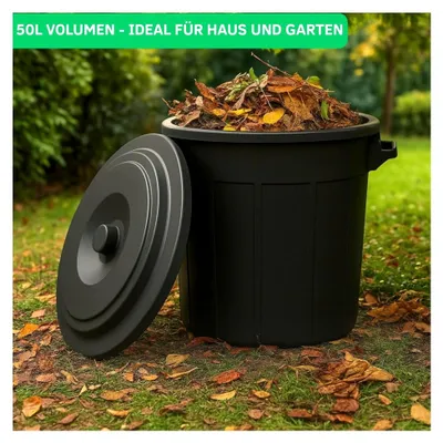 Produktbild von Mülltonne 50L - Verschließbarer Mülleimer mit Deckel - Tonne mit Tragegriffen für Garten - Kleine Futtertonne oder Regentonne - Wassertonne Abfalltonne - Universelle Tonne (Schwarz, 50L)