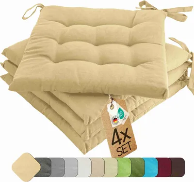 Produktbild von Sitzkissen Stuhlkissen Indoor & Outdoor 4er Set 40x40 cm - Beige - etérea Stuhl Kissen Auflage mit Bändern