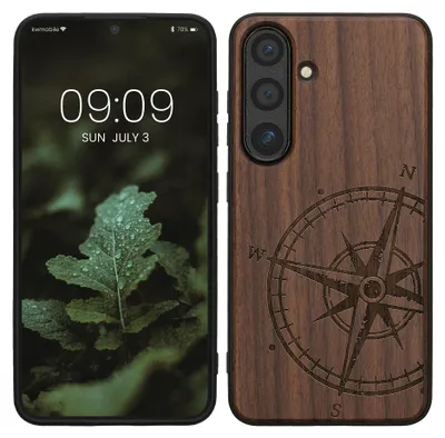 Produktbild von kwmobile Handyhülle für Samsung Galaxy S25 Hülle Holz - Case mit TPU Bumper - Stoßfestes Hardcase - Schutzhülle Cover in Dunkelbraun