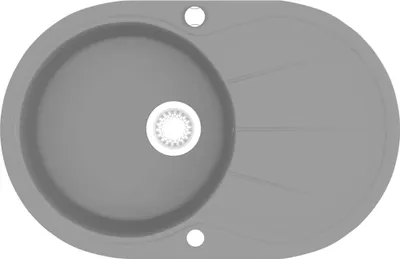 A top-down view of a gray granite sink with a drain and two faucet holes.
