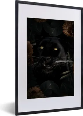 Produktbild von MuchoWow® MuchoWow® Gerahmtes Poster Panther - Tiere - Blumen 40x60 cm - Poster mit zchwarzem Bilderrahmen - Poster in Rahmen