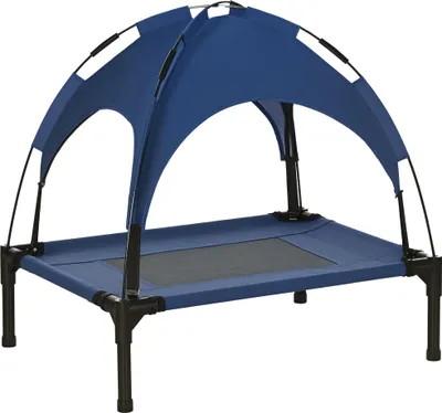 Immagine prodotto di PawHut Lettino per cani rialzato con tettoia, letto per animali domestici con protezione UV, letto per cani da esterno con tettoia, traspirante, in tessuto taffettà per campeggio blu scuro 61 x 46 x 62 cm