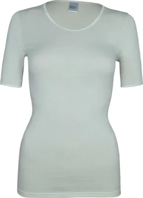 Produktbild von wobera NATUR Damen-Unterhemd mit halbem Arm oder T-Shirt oder T-Shirt mit 70% Schurwolle GOTS und 30% Seide (Gr. S, Farbe: naturweiß)