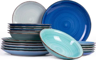 Immagine prodotto di Set di stoviglie Cookinglife Delice Blue - 18 pezzi / 6 persone - 6 piatti da pranzo, 6 piatti fondi e 6 piatti da colazione
