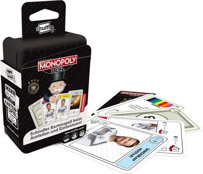 A Monopoly Deal card game box and several scattered cards are displayed against a white background.