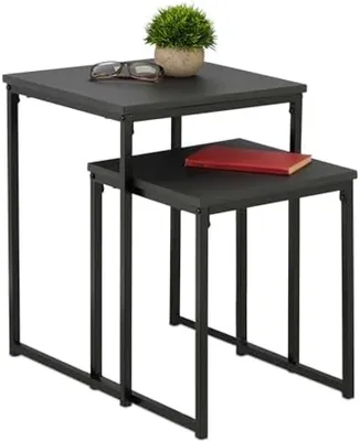 Produktbild von PromoHome® Stapelbare Beistelltisch-Set aus 2 – Schwarze quadratische Couchtische, Metall, 40x40x54 cm
