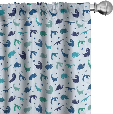 Image de ABAKUHAUS Nursery Dino Rideaux, voilages, motifs enfantins continus de dinosaures et formes géométriques dans les tons bleus, 2 pièces 75 x 245 cm, bleu bébé et multicolore