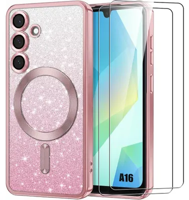 Image de Coque + 2 Verres Trempés pour Samsung Galaxy A16 4G/5G, Protection à Paillettes avec Cercle Magnétique et Film Caméra - Rose