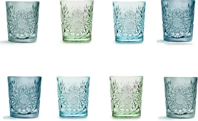 Produktbild von Libbey Hobstar – Wunderschönes 8er-Set Wasser- und Whiskygläser in Ebony Green, Sky Blue, Green und Blue – 335 ml
