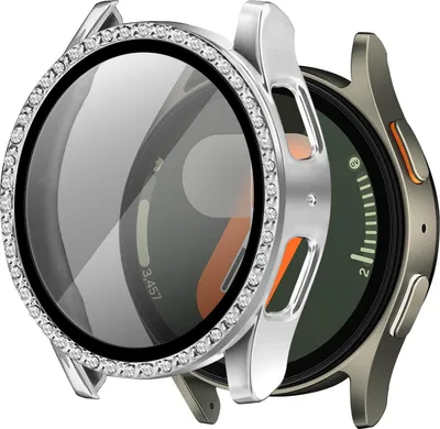 Produktbild von Bandz Diamond Etui mit Displayschutz passend für Samsung Galaxy Watch 7 - 44mm Etui - Hartplastik Schutzetui - Glas Displayschutz - Full Cover Etui + Displayschutz (silber))