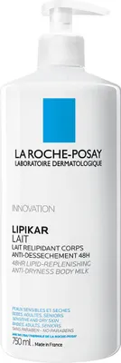 A white bottle of La Roche-Posay Lipikar Lait body milk with a pump dispenser.
