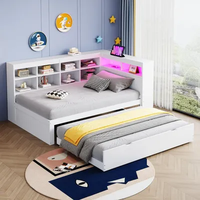 Immagine prodotto di Letto singolo in legno massiccio 90x200 bianco con letto estraibile - Divano letto multifunzionale con LED, presa USB, ripiani e molto spazio, bianco