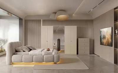 Obrázek produktu pro Ložnicová sada: postel, šatní skříň, komoda. Béžová barva, moderní design, elegantní provedení