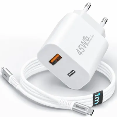 Produktbild von 45W USB-C & USB-A Schnellladegerät mit GaN-Technologie Netzteil für Handy, Samsung, iPad, iPhone | Charger Schnellladestecker - Ladegerät + 1m Kabel