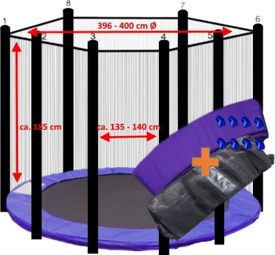 Produktbild von walexo Trampolin Randabdeckung + Sicherheitsnetz für 8 Stangensystem ( 396 cm Ø, Lila/Schwarz )